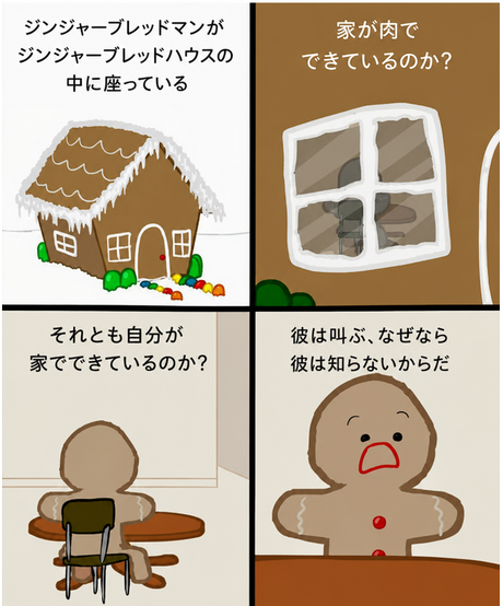 ジンジャーブレッドマンがジンジャーブレッドハウスの中で実存的な危機に陥っている4コマ漫画：「ジンジャーブレッドマンがジンジャーブレッドハウスの中に座っている。家が肉でできているのか？それとも自分が家でできているのか？彼は叫ぶ、なぜなら彼は知らないからだ。」