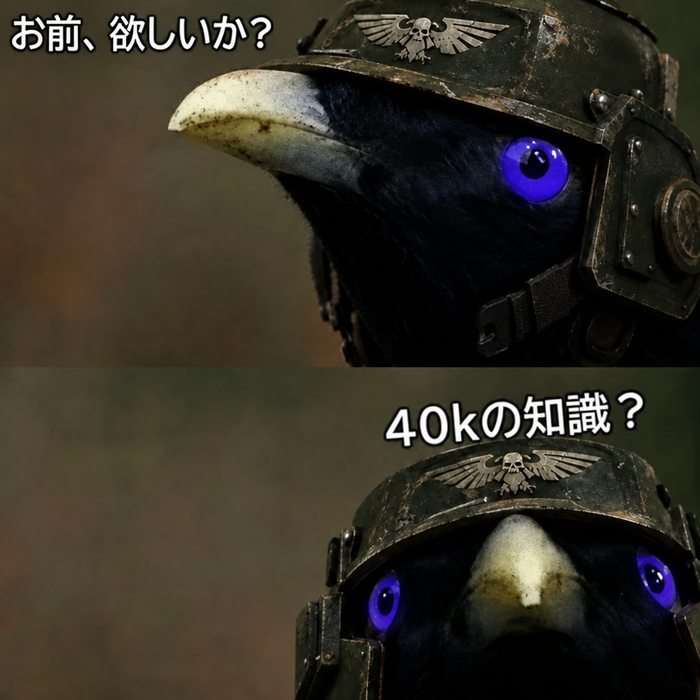 ウォーハンマー40kのインペリアル・ガードのヘルメットをかぶったカラスが登場する2コマ漫画。1コマ目には「お前、欲しいか？」、2コマ目には「40kの知識？」というキャプションがあり、カラスが前を見つめている。