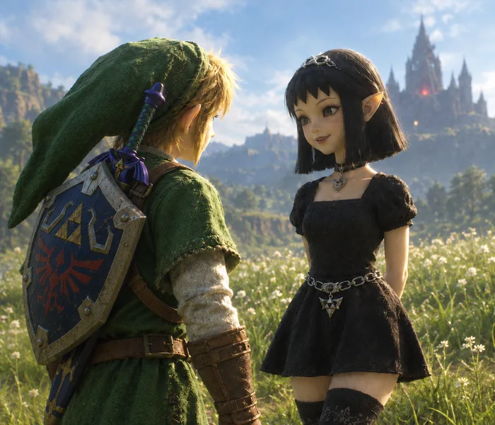 A 3D fan render of Link facing a goth-styled Princess Zelda or fairy in a meadow in front of Hyrule Castle.