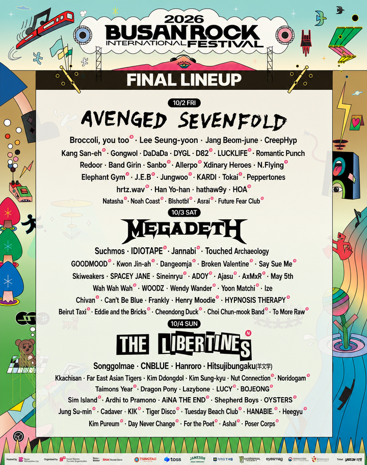 Lineup poster for the 2026 Busan International Rock Festival featuring headliners Avenged Sevenfold, Megadeth, and The Libertines across three days.
