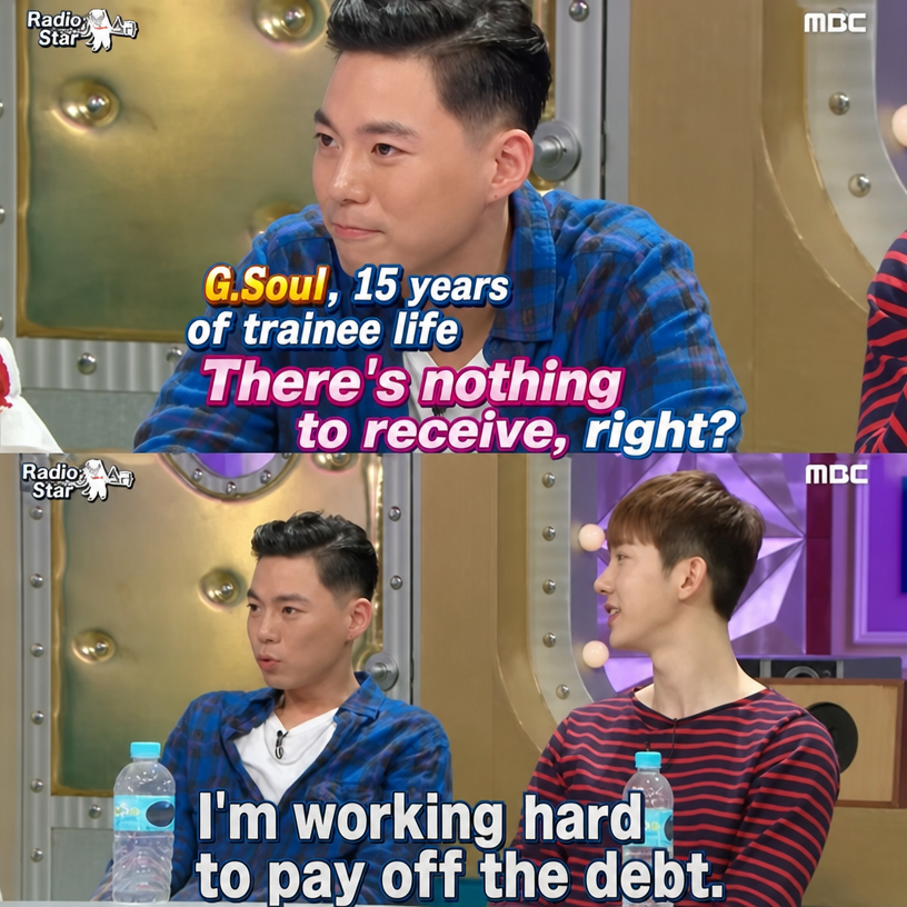 A screen capture of G.Soul and Jo Kwon talking about his trainee days and paying off debts on the variety show Radio Star.