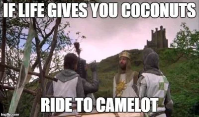 Scene from Monty Python and the Holy Grail with King Arthur and knights, captioned 'IF LIFE GIVES YOU COCONUTS / RIDE TO CAMELOT'.