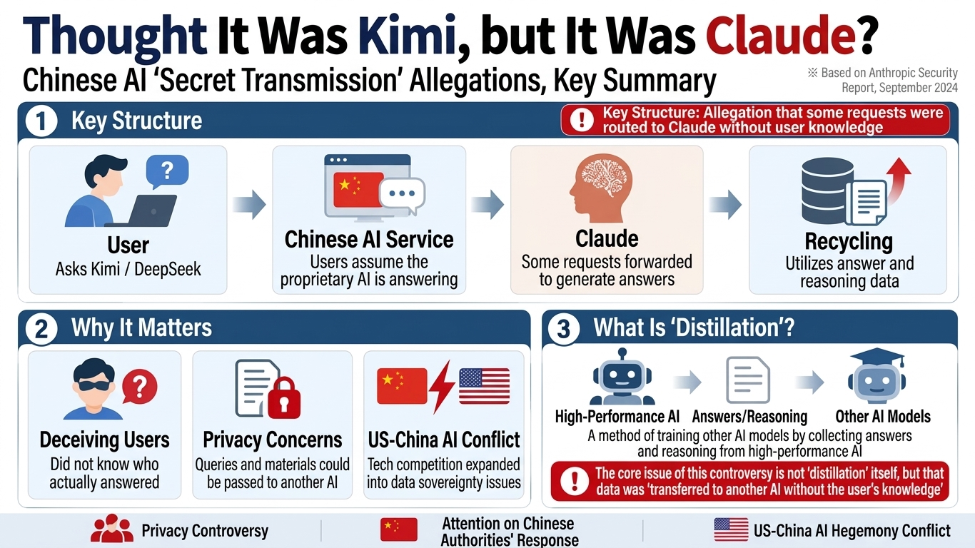 Infographic diagram breaking down allegations that Chinese AI platforms like Kimi and DeepSeek secretly rerouted queries to Claude.