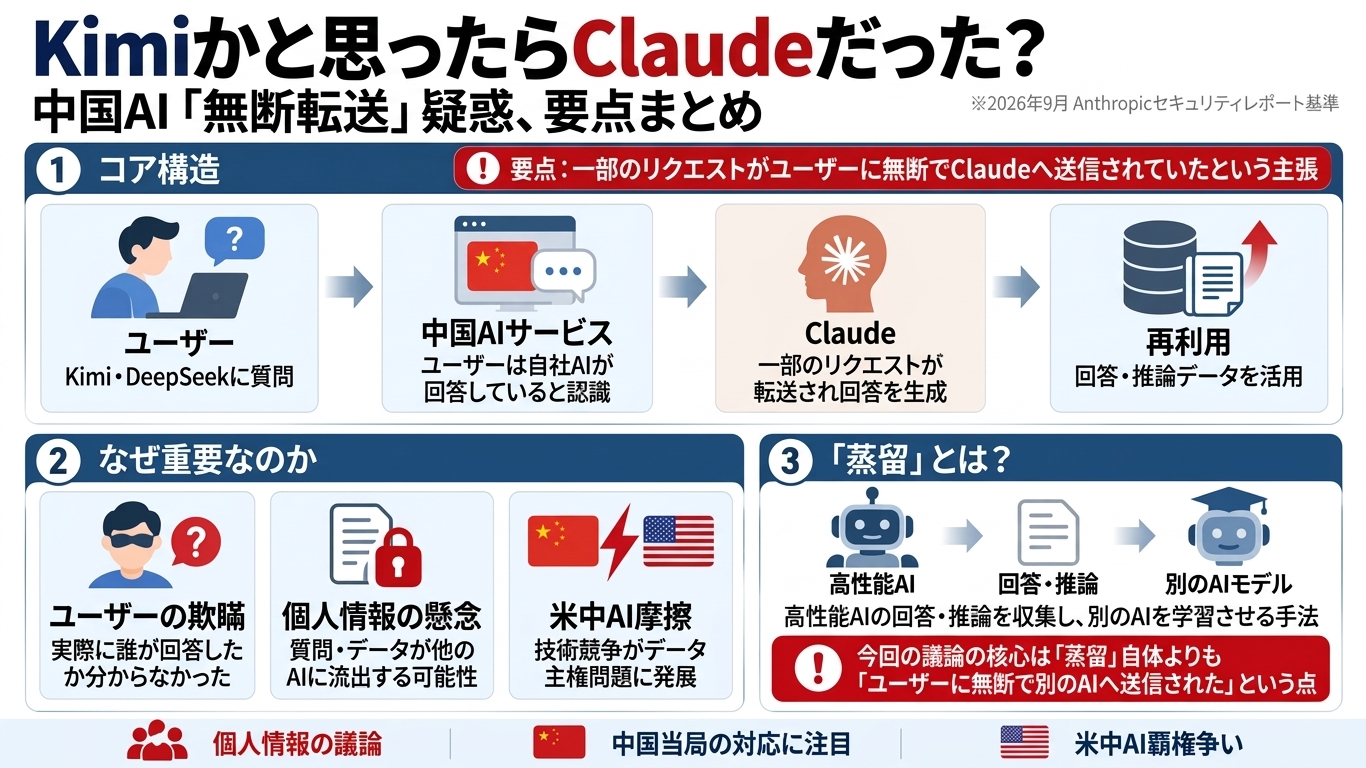 中国のAIサービスがユーザーの質問を無断で米国のClaudeへ転送していた疑惑を説明するインフォグラフィック