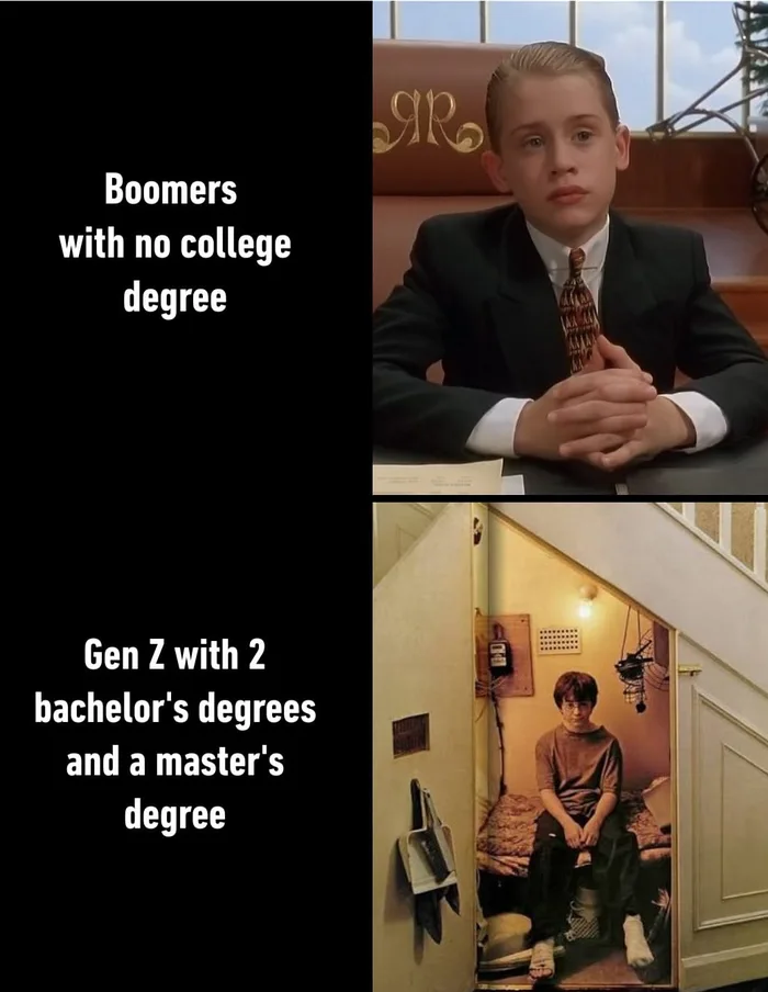 A two-panel meme contrasting 'Boomers with no college degree' depicted as Richie Rich seated at a luxury executive desk, against 'Gen Z with 2 bachelor's degrees and a master's degree' depicted as Harry Potter sitting dejectedly inside the cupboard under the stairs.