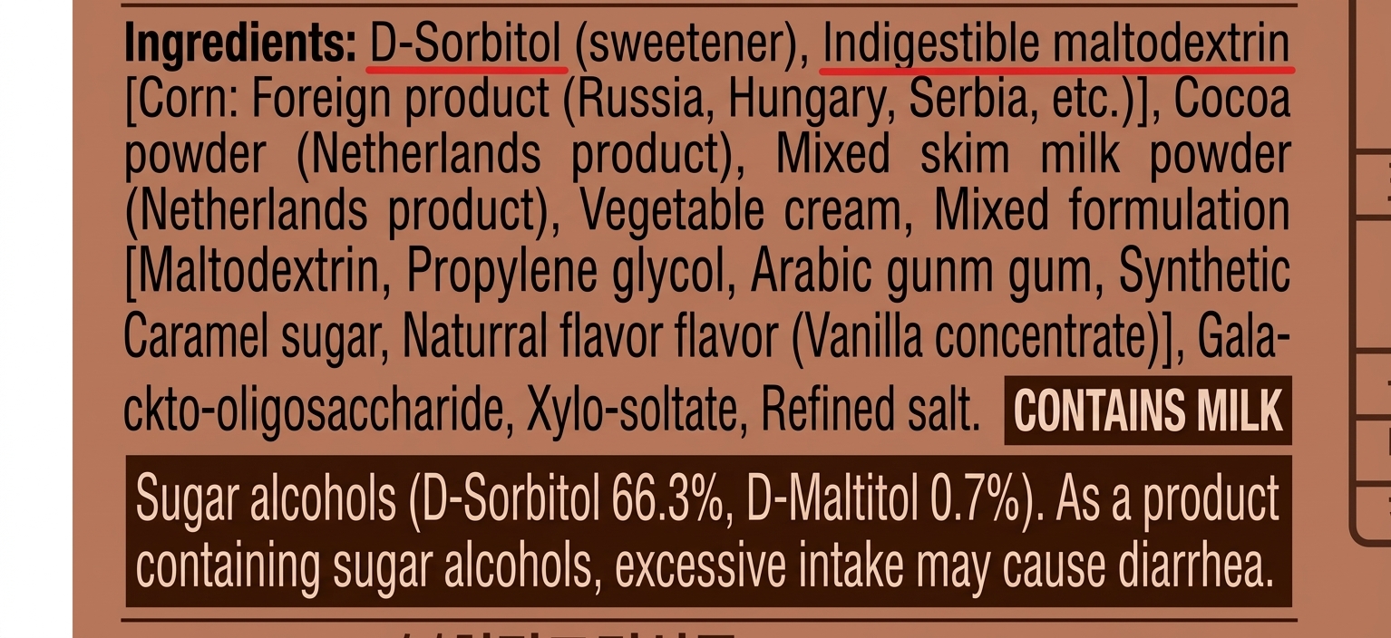 Back of the choco powder packaging showing ingredients including D-sorbitol and indigestible maltodextrin, along with a warning that excessive consumption may cause diarrhea.