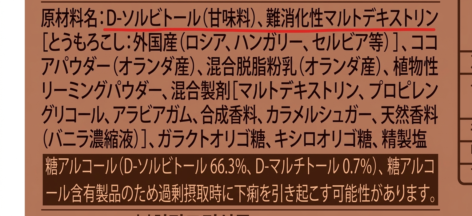 チョコパウダーの原材料名にD-ソルビトールと難消化性デキストリンが記載され、過剰摂取時に下痢を引き起こす可能性がある旨の警告文が書かれたパッケージ裏面