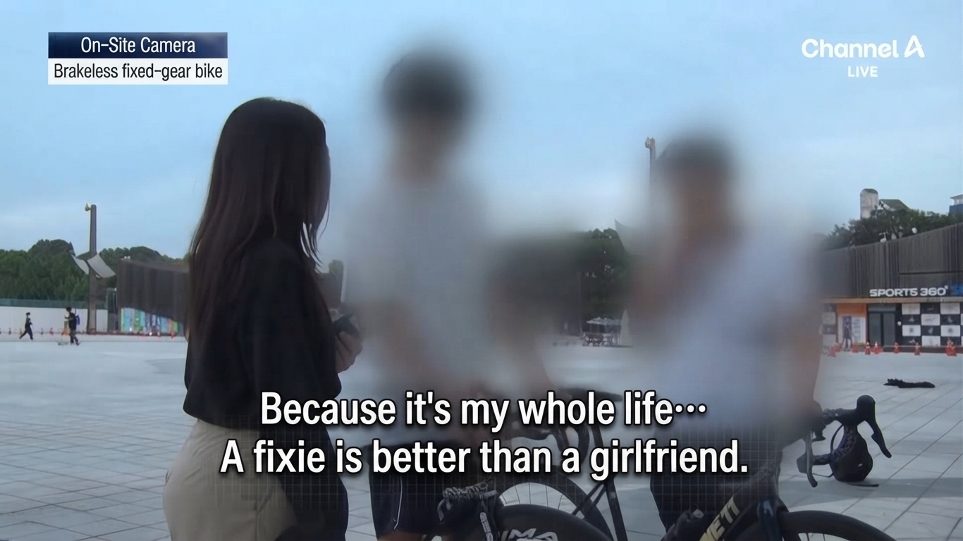 An interview scene showing subtitles of a teenager riding a fixed-gear bike saying it's their entire life and better than a girlfriend.