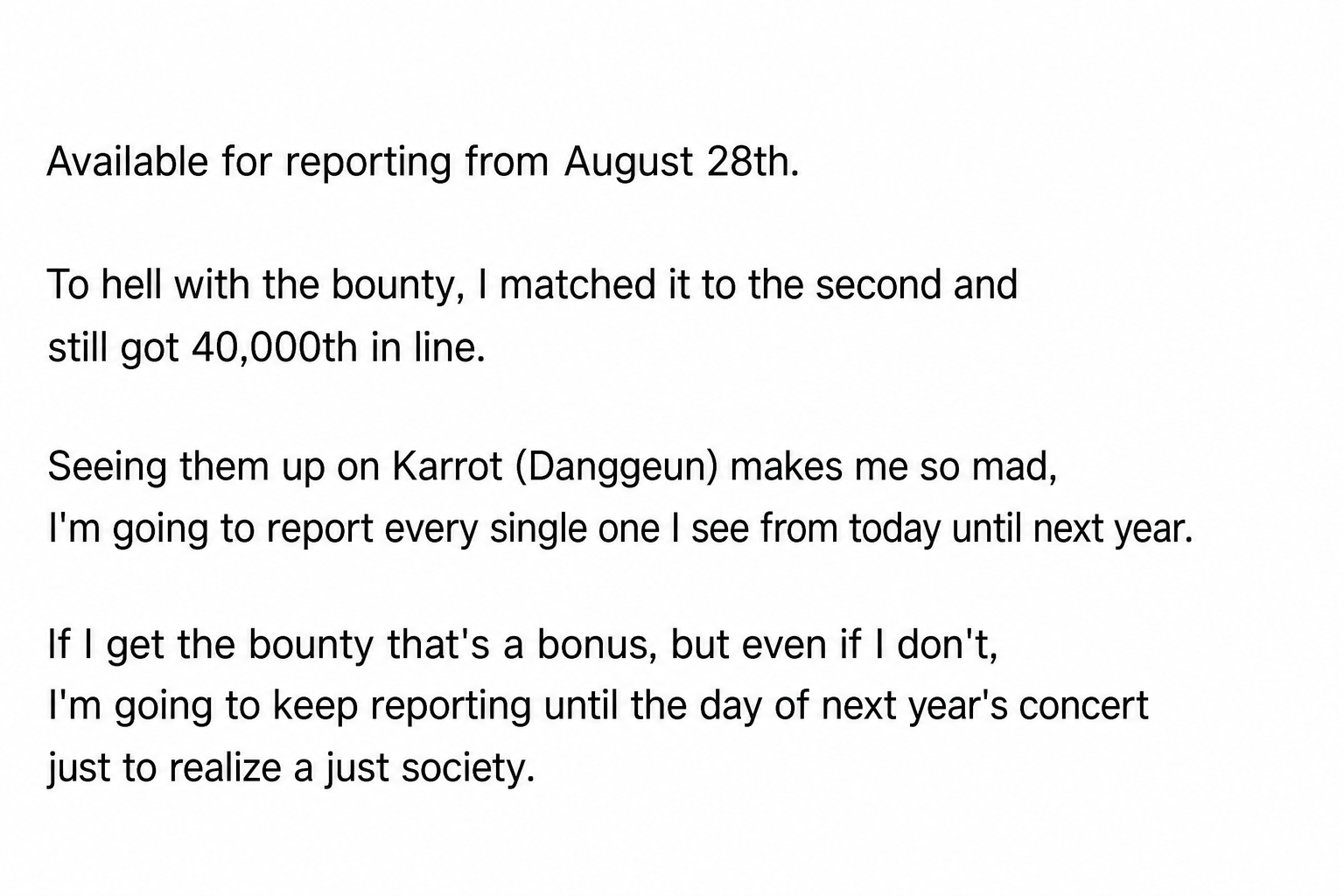 Community post screenshot capturing anger after failed booking, vowing to report scalpers found on second-hand apps like Karrot.