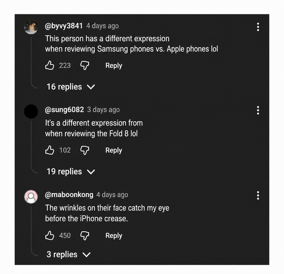 A YouTube comment section capture. Comments pointing out the difference in expression when reviewing Samsung vs. Apple phones, or insulting the YouTuber's appearance.