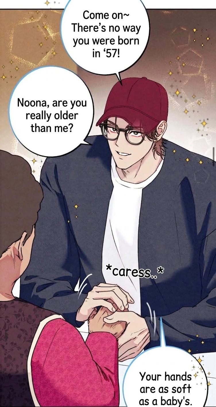 A webtoon panel of the young man holding the grandmother's hand gently, gazing warmly, and flirting by calling her "noona"