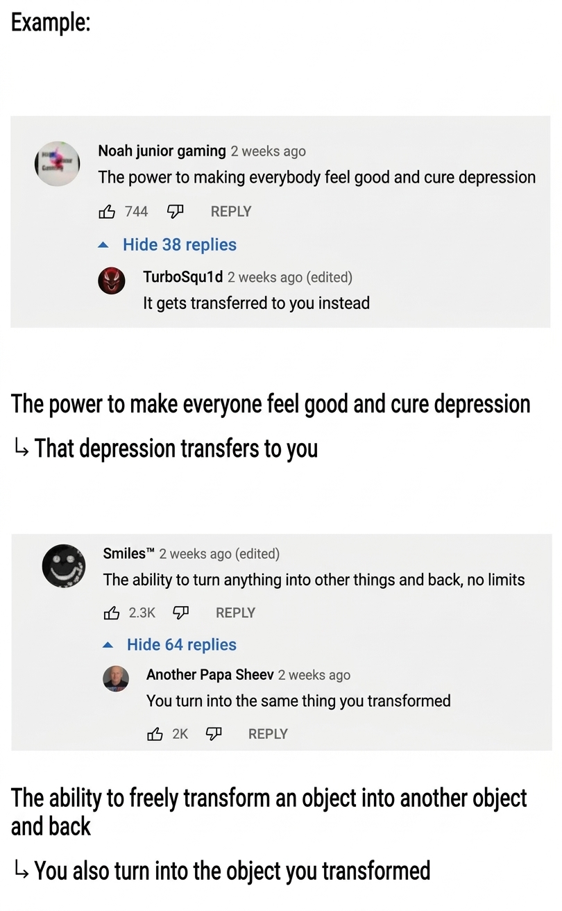 Screenshots of YouTube comments where someone asks for the power to cure depression and the reply says it transfers to you, and another asks to freely transform objects and the reply says you turn into that object too.