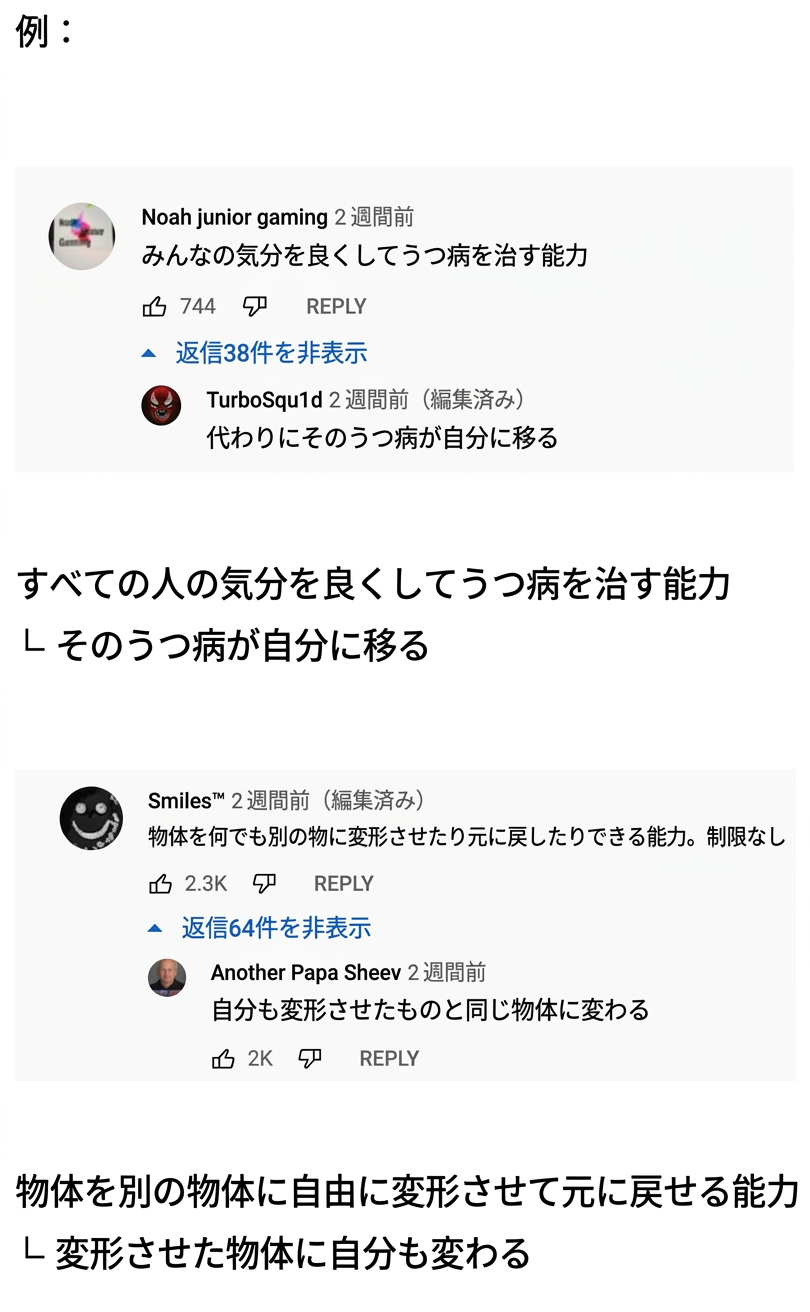 YouTubeのコメント欄のキャプチャ。みんなの気分を良くしてうつ病を治す能力に対し、そのうつ病が自分に移るという返信や、物体を別の物に自由に変形させる能力に対し、自分もその変形させた物体になってしまうという返信がついている様子。