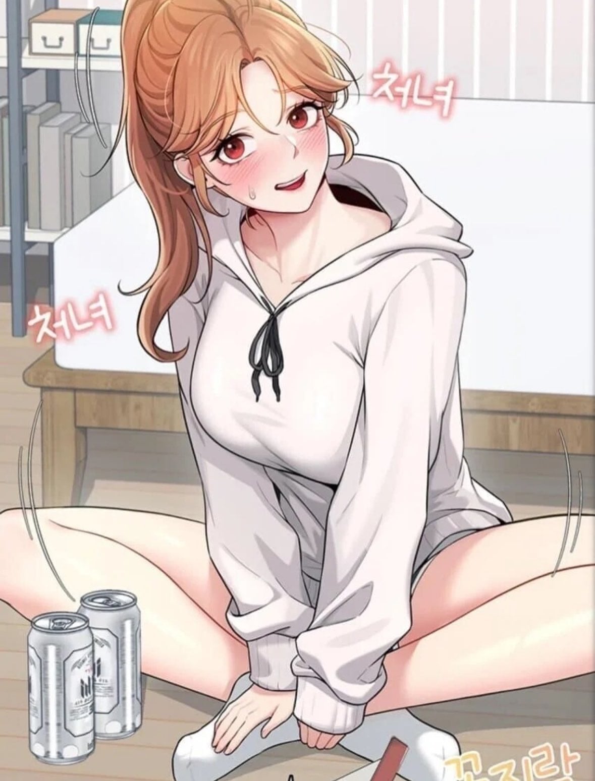 A female webtoon character sitting on the floor with a blush next to beer cans, surrounded by floating text that reads 'virgin' and 'fidgeting'.