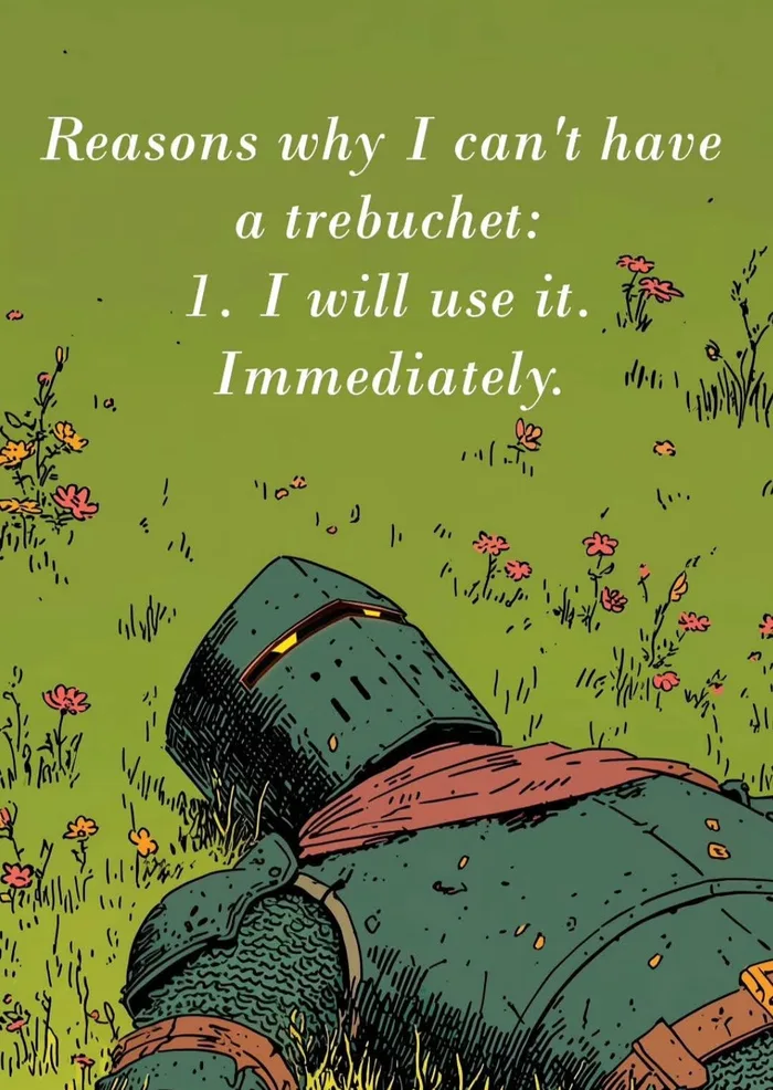 Illustration of a knight in full armor lying down in a field of green grass and small flowers, with text above reading: 'Reasons why I can't have a trebuchet: 1. I will use it. Immediately.'