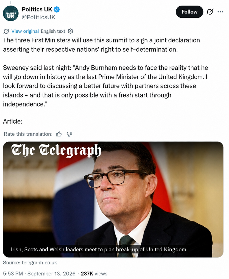 Detailed capture of the Politics UK tweet and a link to a Telegraph article. The date is visible as September 13, 2026.