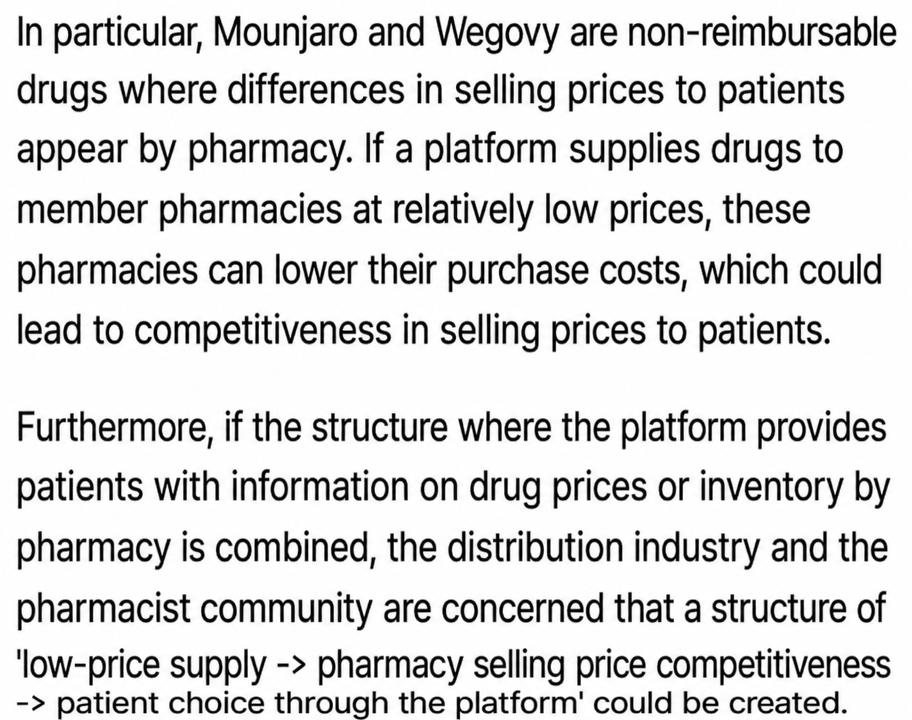 A screenshot of a news article body expressing concern about the competitive structure among pharmacies caused by the supply of non-reimbursable drugs at low prices and information provision.