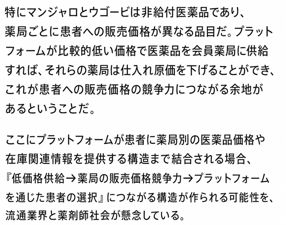 非給付医薬品の低価格供給と情報提供による薬局間の競争構造を懸念する記事本文のキャプチャ画面。