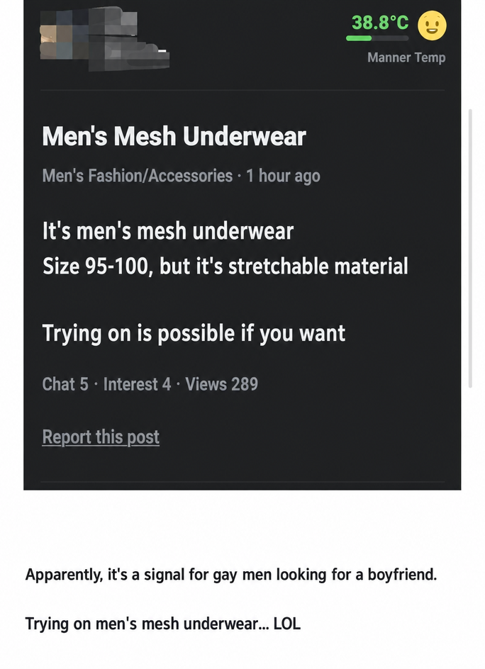 Screenshot of a sales post on a secondhand trading app for 'men's mesh underwear', saying 'trying on is also possible if you want'