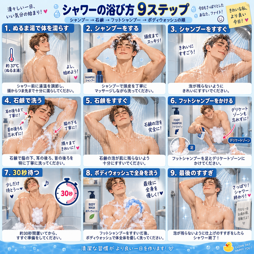 シャワーの浴び方9ステップを案内するイラスト付きインフォグラフィック。ぬるま湯で濡らす、シャンプー、すすぎ、石鹸、石鹸のすすぎ、フットシャンプーの使用、30秒待機、ボディウォッシュ、最後のすすぎの順序が説明されている。