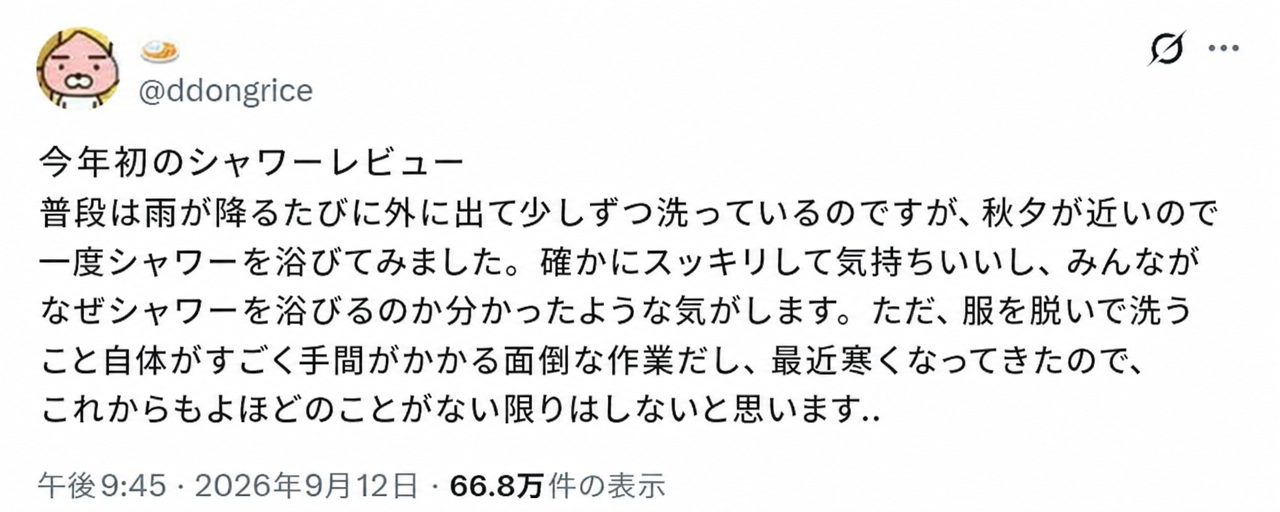 Twitterの投稿のスクリーンショット。普段は雨が降るたびに外に出て体を洗っていたが、秋夕（チュソク）なので久しぶりにシャワーを浴びてみたという奇妙なシャワーレビュー。
