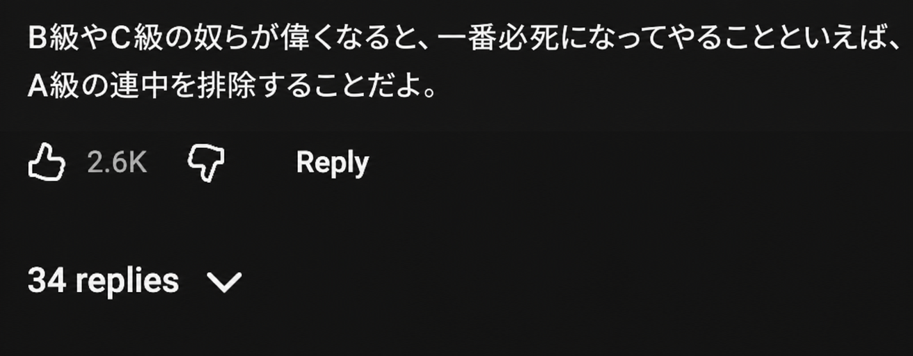 YouTubeコメントのスクリーンショット: 'B級C級が地位の高いポストに就くと、一番熱心にやるのがA級を追い出すことなんだよ'