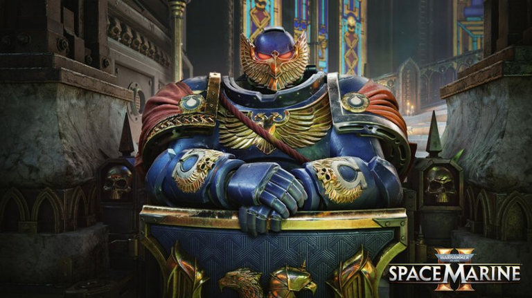 A Space Marine in Ultramarine armor from Warhammer 40,000: Space Marine 2, staring straight ahead with arms crossed and a stern expression