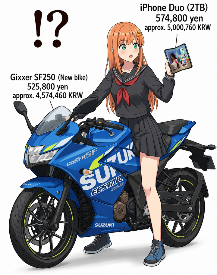 An illustration of a schoolgirl looking shocked while comparing a new Suzuki motorcycle with a foldable iPhone Duo.