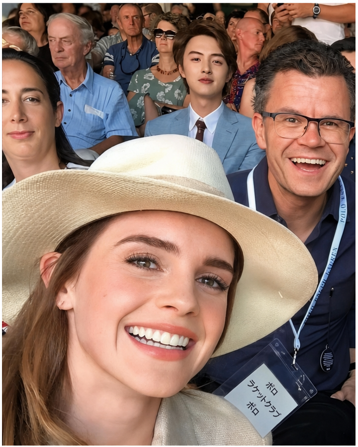 エマ・ワトソンが撮ったセルフィーの後ろで、トム・ホランドの父親が嬉しそうに大きく笑っている姿
