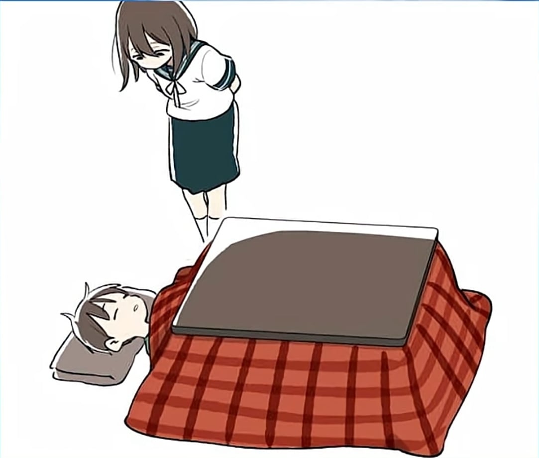An older sister silently looking down at her younger brother fast asleep under the kotatsu.