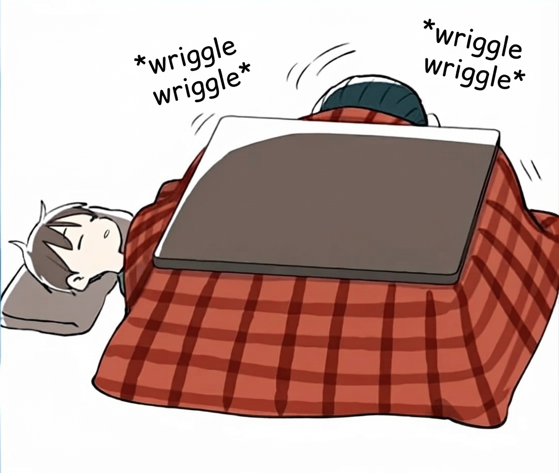 The older sister stealthily crawling into the opposite side of the kotatsu without making a sound.