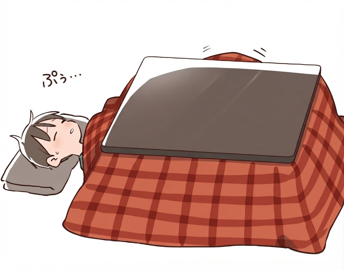 こたつの中でオナラをされ、寝ていた弟が匂いに悶絶する漫画のワンシーン。