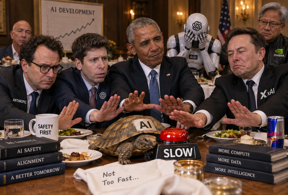 An AI-generated image showing Dario Amodei, Sam Altman, Barack Obama, and Elon Musk sitting around a table, gesturing to stop a turtle labeled 'AI' that is approaching a red button labeled 'SLOW', while a frustrated AI robot, Jensen Huang, and Jeff Bezos watch from behind.