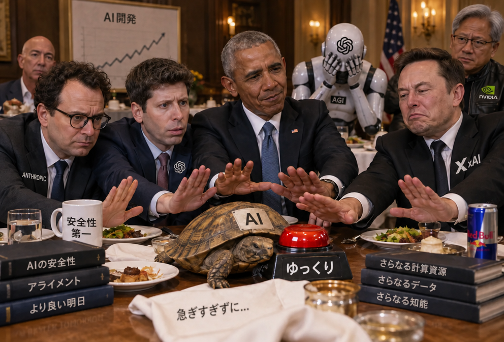 ダリオ・アモデイ、サム・アルトマン、バラク・オバマ、イーロン・マスクが食卓を囲み、「AI」と書かれたカメが「SLOW」と書かれた赤いボタンに向かうのを手で止めるジェスチャーをしており、背後で苛立つAIロボット、ジェンスン・ファン、ジェフ・ベゾスが見守っているAI生成画像。
