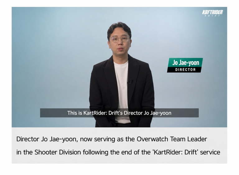 A video capture of KartRider: Drift Director Jo Jae-yoon, with captions announcing his tenure as the Overwatch Team Leader at Nexon Korea's Shooter Division.