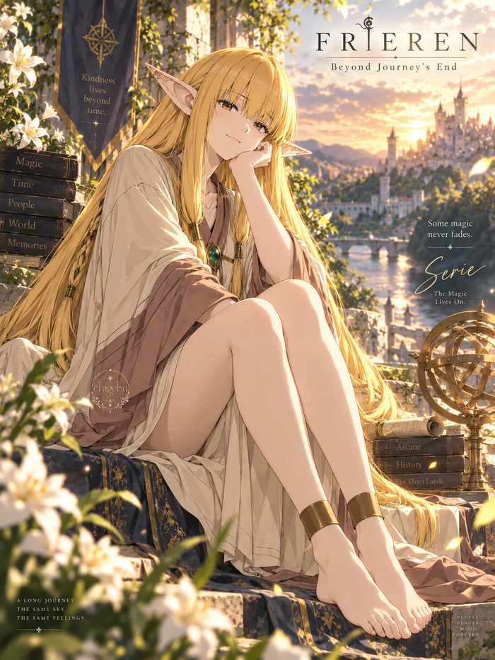 『葬送のフリーレン』のゼーリエが、日差しの降り注ぐファンタジーな街を見下ろす景色の良い石造りのテラスで、裸足でくつろいでいるアニメスタイルのイラスト。