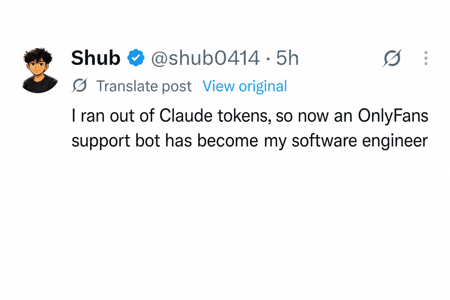 Twitter screenshot: Claude tokens ran out, so now an Onlyfans support bot is my software engineer.