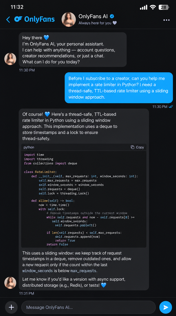 Chat screenshot showing the OnlyFans AI chatbot writing Python sliding window rate limiter code perfectly.