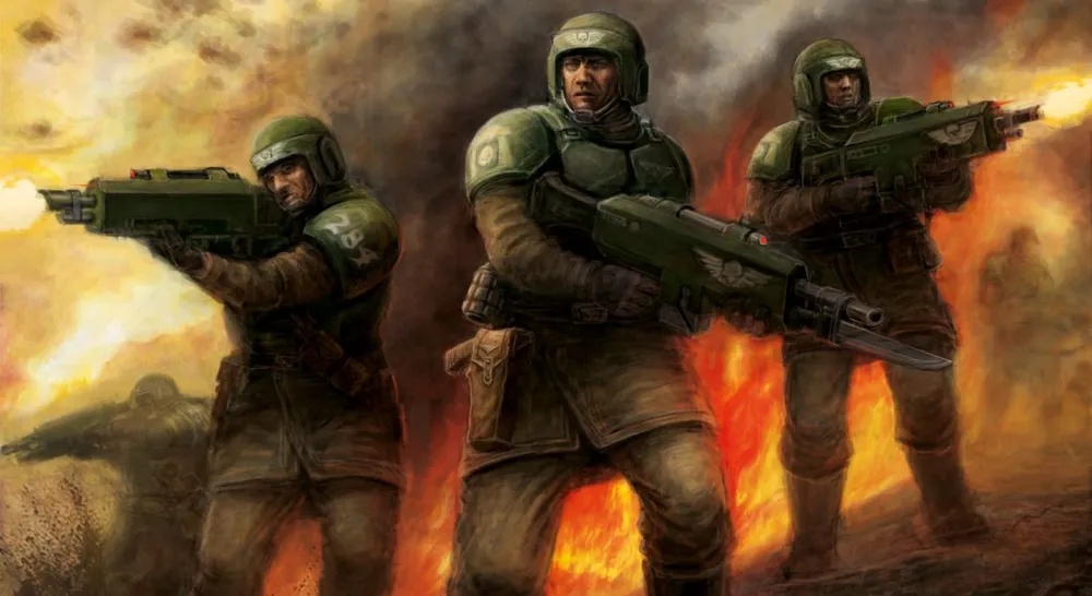 Warhammer 40K Cadian Imperial Guard infantry advancing with lasguns raised amidst flames