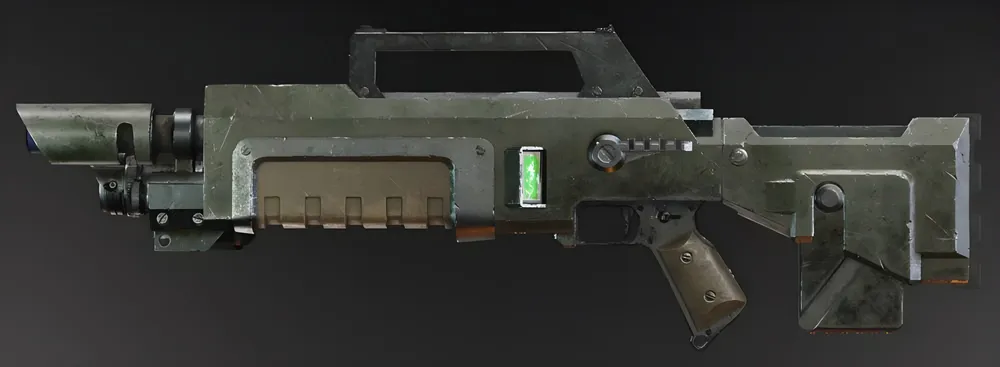 Side-profile 3D rendering of a sci-fi military-style Cadian-pattern lasgun