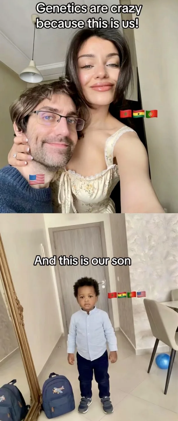 A two-panel image where the top panel shows a fair-skinned couple with flags, captioned 'Genetics are crazy because this is us!', and the bottom panel shows a young Black boy standing in a hallway captioned 'And this is our son'.