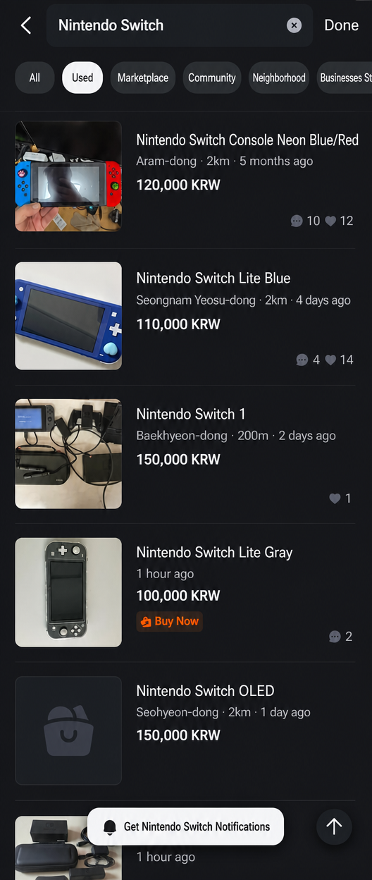 Screenshot of search results for used Nintendo Switch, Switch Lite, and OLED models on a second-hand marketplace, priced between 100,000 and 150,000 won.
