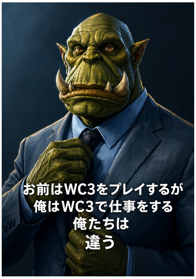 スーツを着たオークがネクタイを整えており、「お前はWC3をプレイするが、俺はWC3で『仕事』をする。俺たちは違うんだ」というテキストが書かれている。