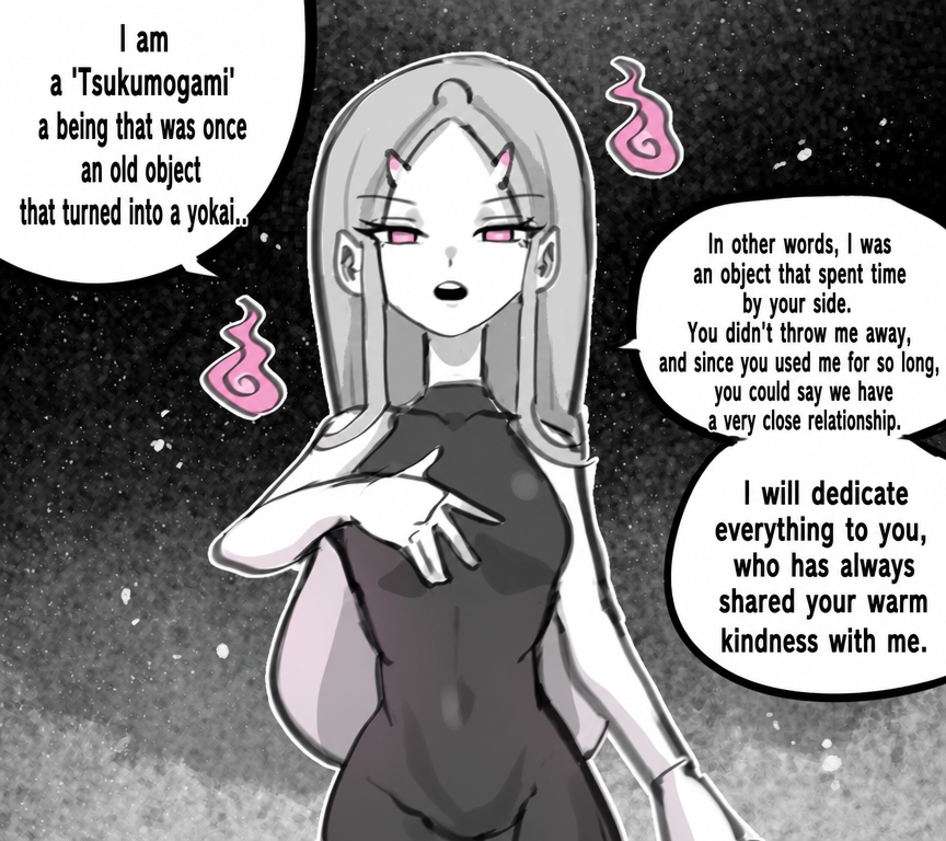 A Yokai character, a 'Tsukumogami' (an old object turned into a Yokai), expressing a desire to repay its owner for sharing warmth.