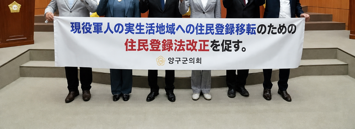 楊口郡議会の議員たちが「現役軍人の実生活地域への住民登録移転のための住民登録法改正を促す」と書かれた横断幕を掲げている様子
