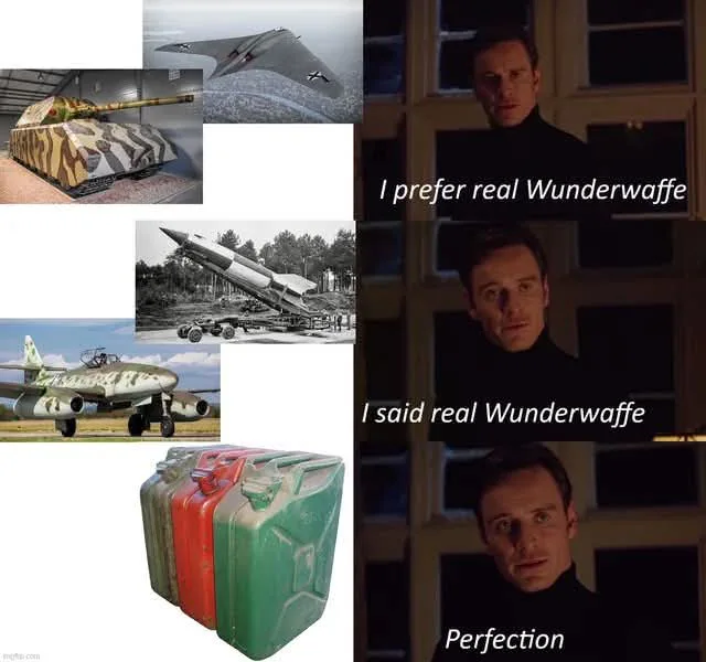 Magneto 'Perfection' meme comparing advanced German secret weapons like the Maus tank, Horten jet, V2 rocket, and Me 262 to the humble jerrycan, choosing the jerrycan as perfection.