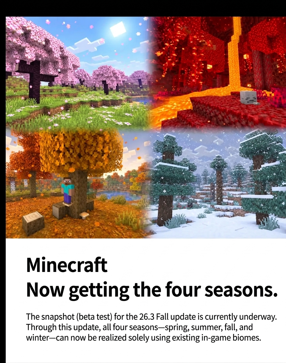 An image announcing a Minecraft update, showing the four seasons represented by a cherry blossom biome for spring, the Nether for summer, an autumn forest for fall, and a snowy landscape for winter.