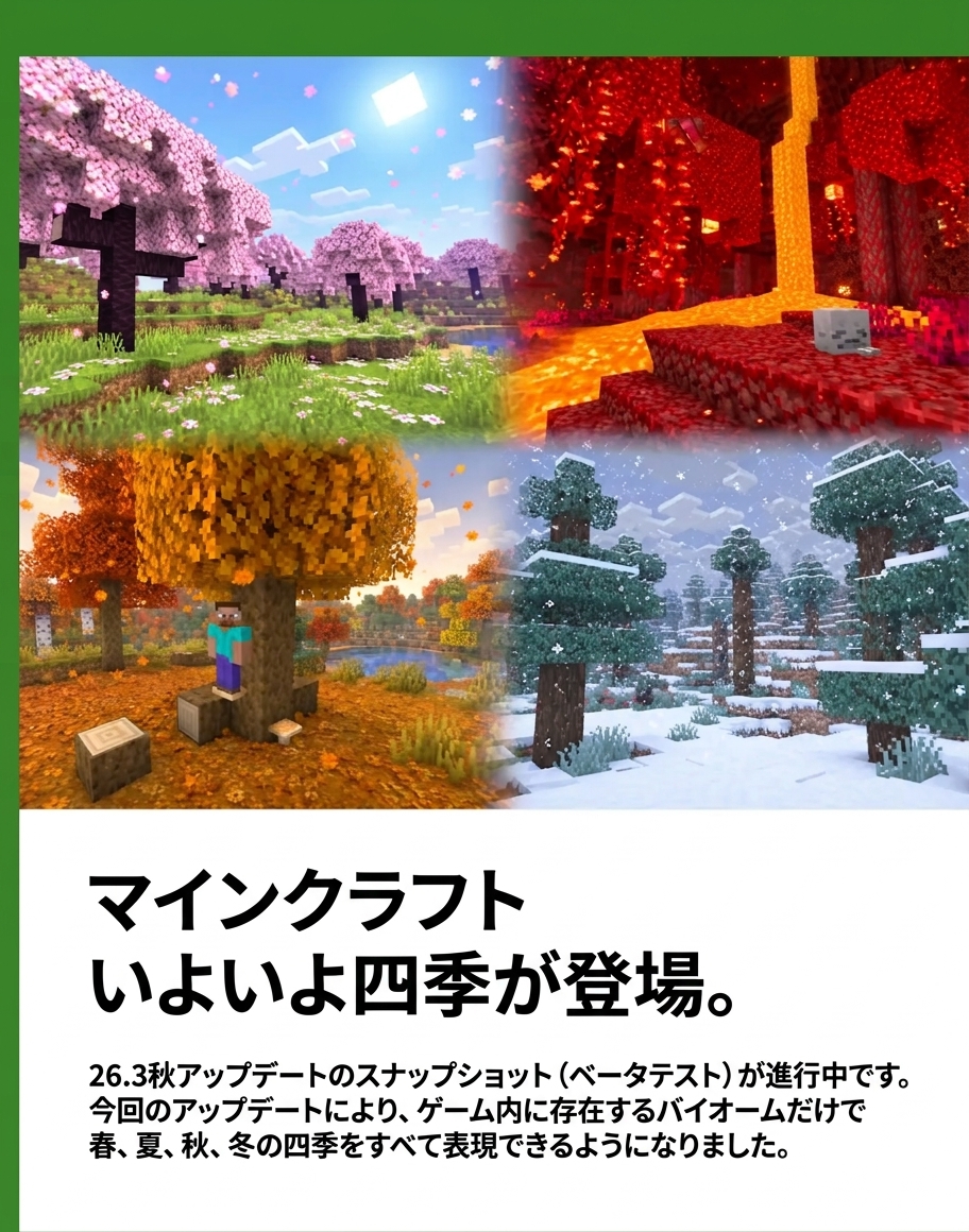 マインクラフトの四季として桜バイオーム（春）、ネザーバイオーム（夏）、紅葉の森（秋）、雪山（冬）を配置し、アップデート情報を伝える案内画像のスクリーンショット