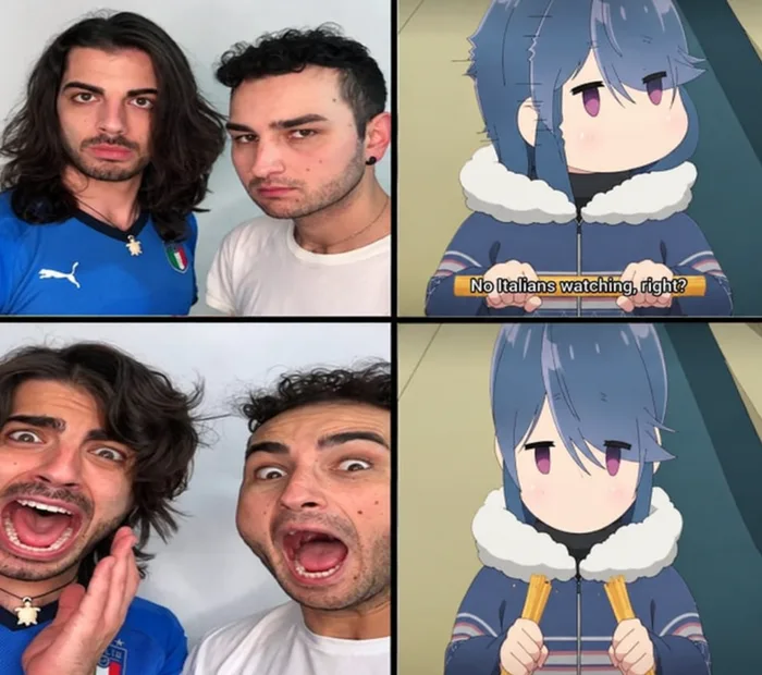 A four-panel meme showing an anime girl asking if any Italians are watching before snapping spaghetti in half, paired with two Italian men reacting in absolute horror.