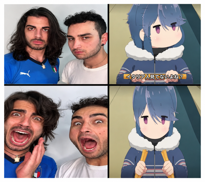 4コマ漫画のミーム。アニメの女の子が「イタリア人見てないよね？」と確認してからスパゲッティを真っ二つに折り、それを見てイタリア人男性2人が絶叫・驚愕する様子。